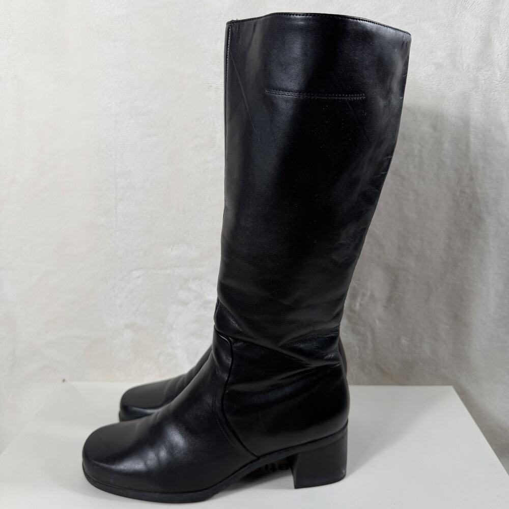 Black Leather Knee High Boots Women’s 8.5 M Block Heel Square Toe Side Zip